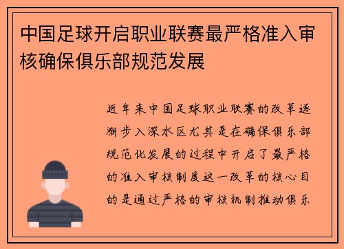 中国足球开启职业联赛最严格准入审核确保俱乐部规范发展