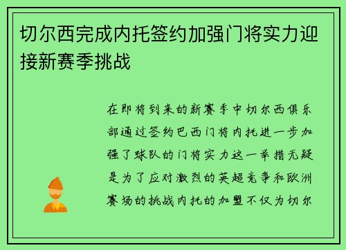 切尔西完成内托签约加强门将实力迎接新赛季挑战